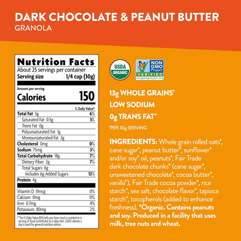26.4 oz, (Pack 2) Love Crunch Organic Dark Chocolate & Peanut Butter Granola, Value Size, Non-GMO, Fair Trade, by
