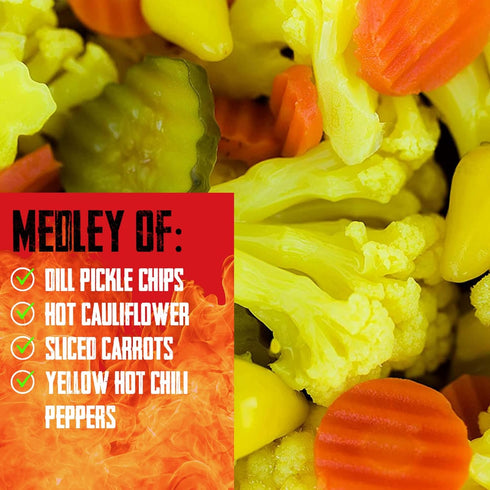 1 1945 SO HOT MIX - Spicy Pickled Cauliflower Florets, Carrots, Pickles & Yellow Hot Chilis | Vegan Snacks | Bulk