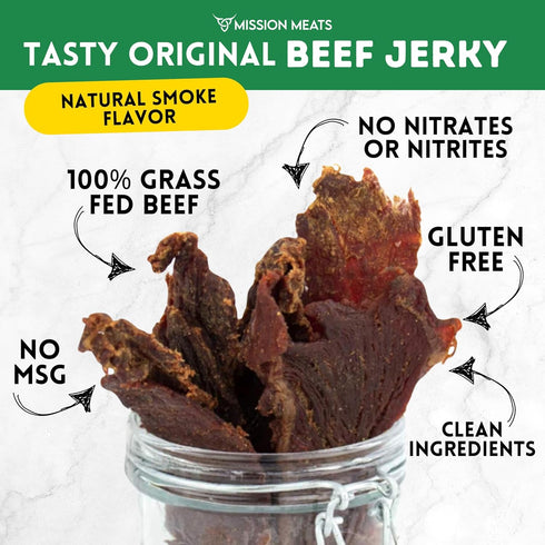100% 10g 30 2oz (Pack 6) Mission Meats Beef Jerky, Original, Grass Fed Beef, Protein per Serving, Delicious & Tender