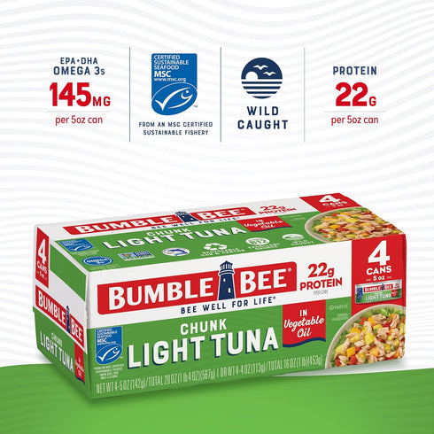 5 oz (Pack 8) 22g Bumble Bee Chunk Light Tuna In Oil, Cans of - Wild Caught Skipjack Tuna - Protein Per Serving - MSC