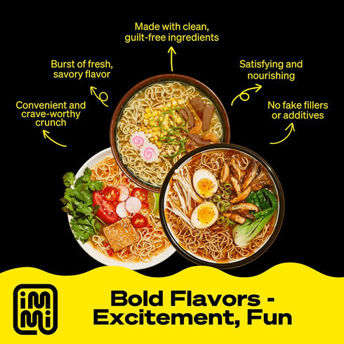 immi Pack 6-Pack Variety Ramen Spicy Beef, Black Garlic Chicken & Tom Yum Shrimp Vegan, High Protein Ramen Noodles Low