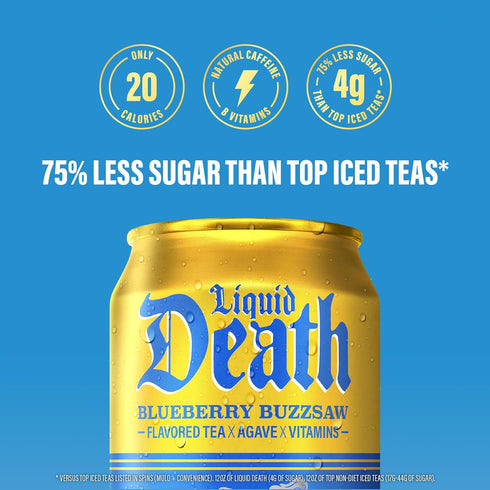 12 Oz (Pack 12) Liquid Death Iced Tea - Blueberry Buzzsaw (Blueberry-Flavored Black Tea), Less Sugar*, Boost