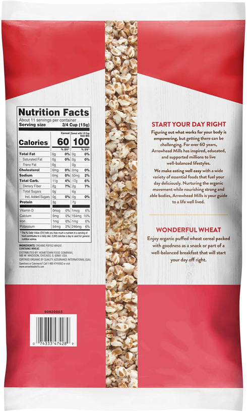6 oz Arrowhead Mills, Organic, Non-GMO Cereal, Puffed Rice, & Puffed Wheat Cereal, Bag