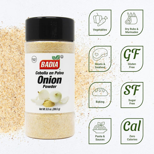 9.5 oz Badia Onion Powder, Pure Ground Onion Seasoning, Bold Sweet Savory Flavor, Gluten Free, No MSG, Kosher