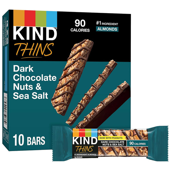 KIND THINS Dark Chocolate Nuts & Sea Salt Bars, Gluten Free, 4g Sugar, 10 Count, 0.74 oz Bars