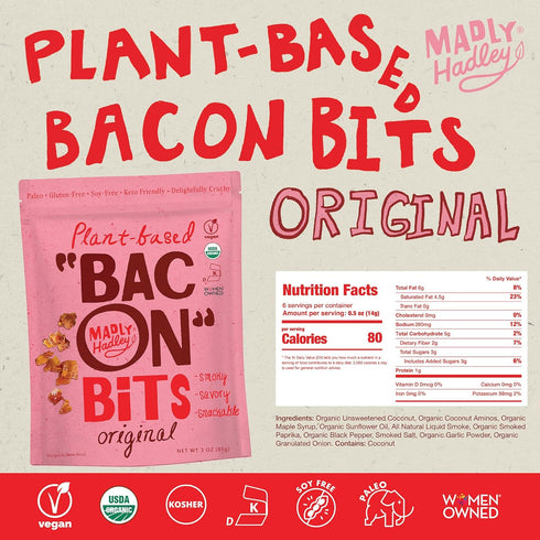 2 packs 6oz Madly Hadley PlantBased Bacon Bits, - | Organic Coconut Vegan Bacon Snack | Topping for Salads, Pasta