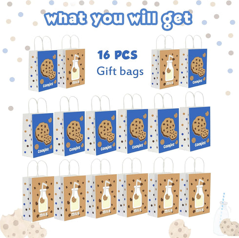 Lsaepon (16 Pack) Cookies Milk Birthday Party Favor Gift Bags, Cookie and Milk Theme Birthday Party Baby Shower Candy