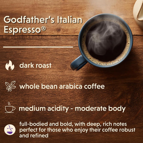 1 (Pack 1) Coffee Bean Direct Godfathers Italian Espresso, Whole Bean Coffee, Handcrafted Blend, Dark Roast, Pound Bag