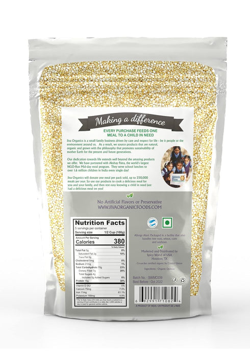 2 Jiva Organic White Whole Grain Quinoa Pound Vacuum Sealed Bag - Ready to cook, Grown in India