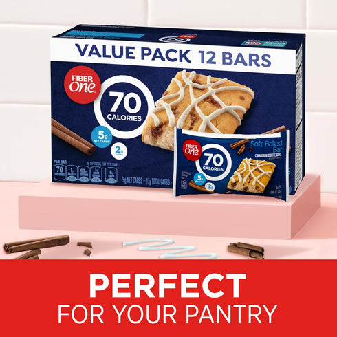 70 Pack, 12 10.6 oz (Pack 4) Fiber One Calorie Soft-Baked Bars, Cinnamon Coffee Cake, Value Bars