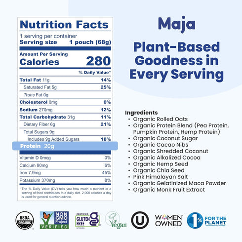13 oz (2-Pack) 20g Maja Organic Plant-Based Protein Cacao & Coconut Overnight Oats Multi-Serve | Protein, Vegan