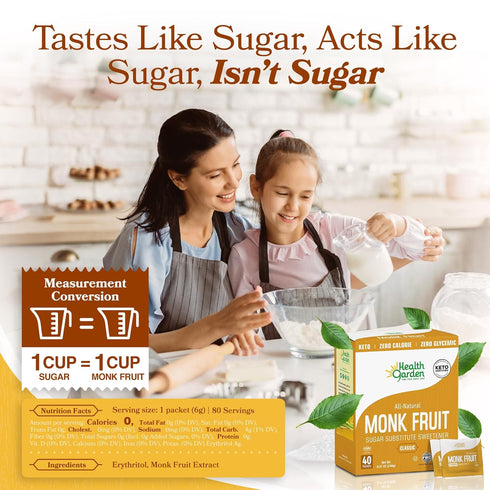 80 Count Packets (40 Count, 2 Pack) 1:1 Health Garden Monk Fruit Sweetener, Classic Sugar Substitute Monk Fruit Sugar