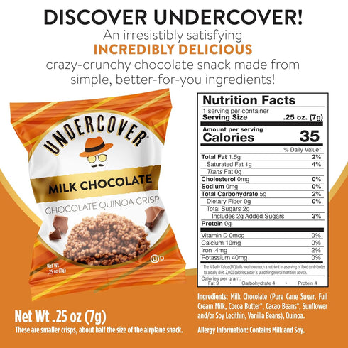 70-Count, Undercover Snacks Chocolate Quinoa Crisps - Milk Chocolate | Individually Wrapped Crisps | Gluten Free
