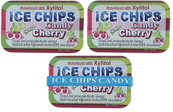 ICE CHIPS Xylitol Candy Tins, Sour Cherry Flavor, 3 Pack, 5.28 oz Total