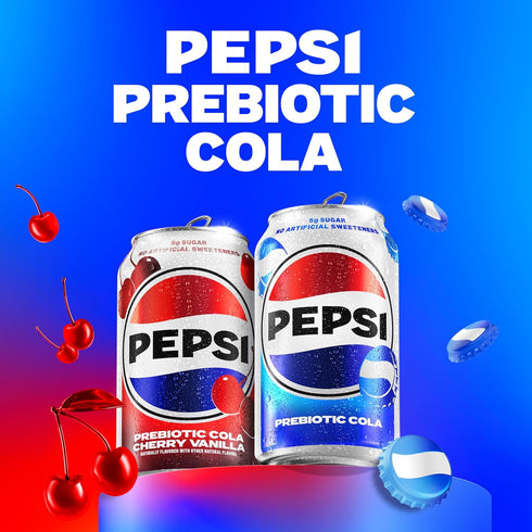 12 oz (8 Pack), 30 5g 5g Pepsi Prebiotic Cola, Cherry Vanilla, fl Cans Calories, Prebiotic Fiber, Sugar, Soda Pop Cola