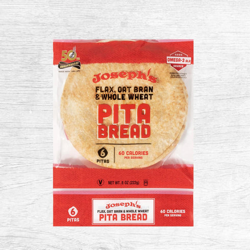 2-Pack, 7g (6 Pack, 18 Joseph's Pita Bread Value Flax Oat Bran and Whole Wheat, Net Carbs per Serving, Fresh Baked per