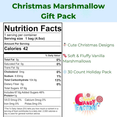 30 Count Pack, Packaging, 4.5 OZ 30 count Marshmallow Gift Soft & Fluffy Vanilla Marshmallows, Festive Holiday Treats