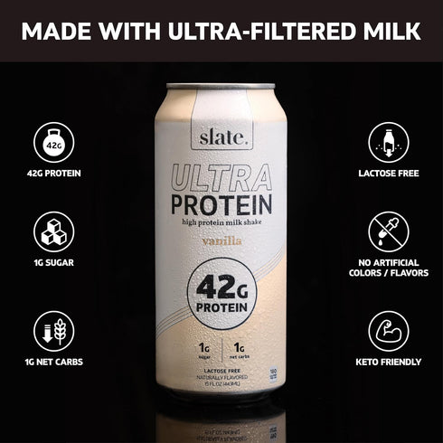 42g 1g 180 1g 15 oz, 12 Slate Milk - Ultra Protein Shake - Vanilla - Protein, Sugar, Calories, Net Carbs - Lactose
