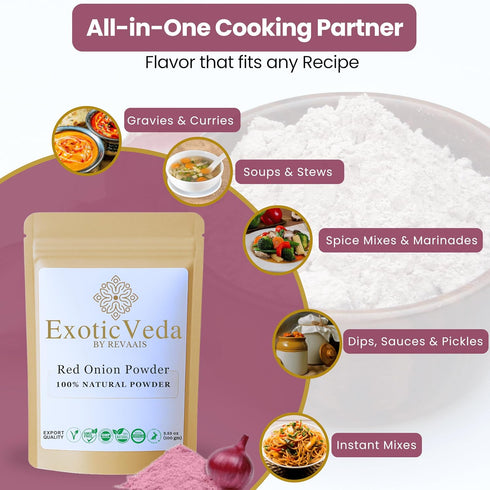 100g (3.53oz) 100% Exotic Veda Red Onion Powder | Pure & Natural | Non-GMO, Gluten-Free, Vegan | No Preservatives |