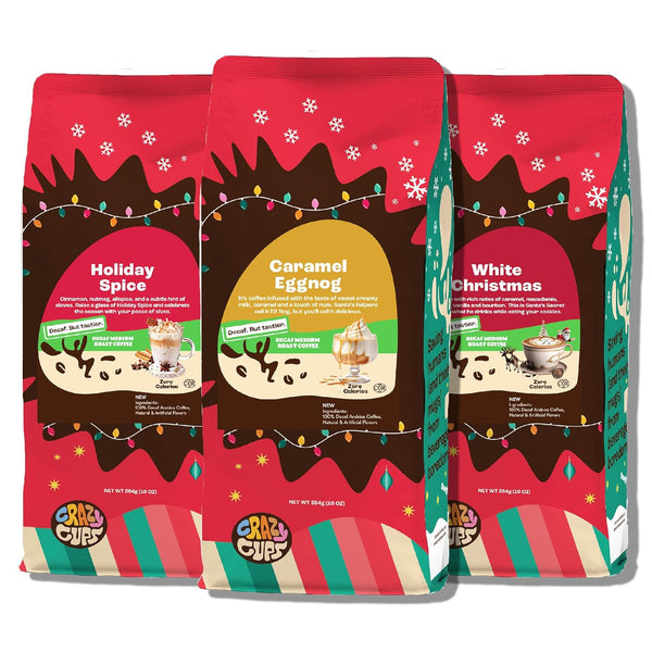 Crazy Cups Decaf Flavored Holiday Ground Coffee Variety Pack, Includes Decaffeinated Holiday