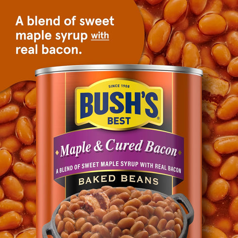 16 oz (Pack 12) BUSH'S BEST Canned Maple Cured Bacon Baked Beans Source of Protein and Fiber, Low Fat, Gluten Free