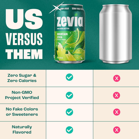 12 oz (24-Pack) Zevia Zero Sugar Soda, Mountain Zevia, Cans Naturally Sweetened, Non-GMO Project Verified, Gluten-Free