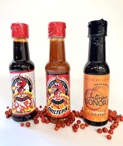 Chiltepin Sonora 4x4 3 Pack, 5 oz , La Camananga Roja y Negra Salsa Seafood Sauce, La Original by Lencho and Marisquero