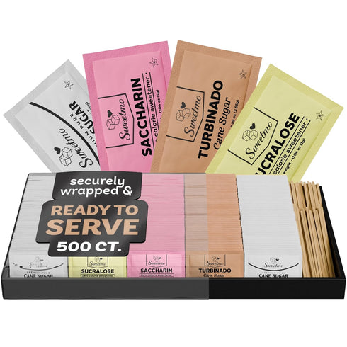 Sweetmo Sugar Packets for Coffee with Serving Tray + Stirrers 500 Ct