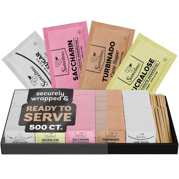 Sweetmo Sugar Packets for Coffee with Serving Tray + Stirrers 500 Ct