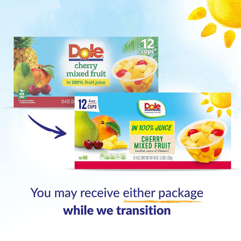 100% 4 oz (Pack 2) Dole Cherry Mixed-Fruit-Bowls Snack in Fruit Juice - Cups