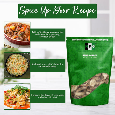 NPG Dried Galangal Root Sand Ginger Sliced - 16 Oz, Natural NON GMO Ingredient for Tom Yum and Tom Kha Soups
