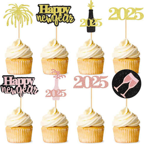 24 Pcs Happy New Year Cupcake Toppers, Glitter Rose Gold and Gold, Cheers to 2025 Decoration