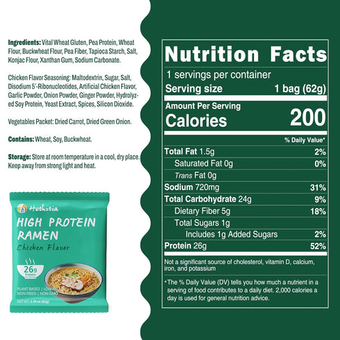 26g 6 Packs Hethstia High Protein Ramen Noodles Chicken Flavor, Plant-Based Protein Vegan Noodles, | Low Sugar, Low