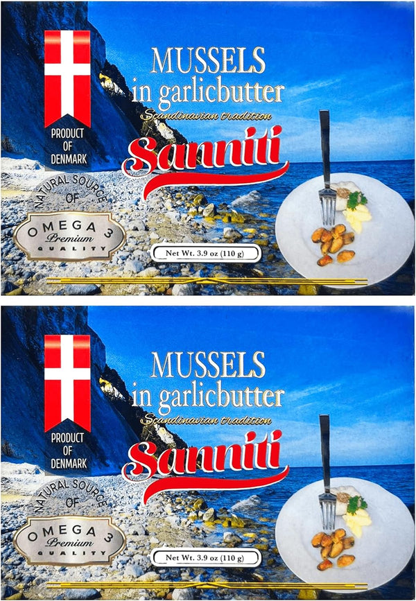 Sanniti Mussels in Garlic Butter, 3.9 oz | Scandinavian-Style Seafood | Heat