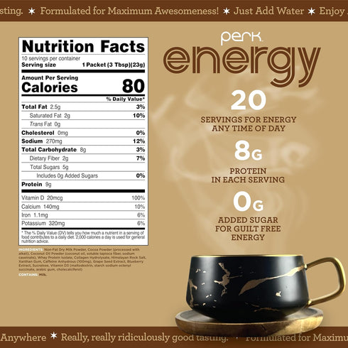 10 Packs 100mg Perk Energy Drink Mix (Dutch Hot Cocoa) Stick - Caffeinated Healthy Coffee Alternative with Protein