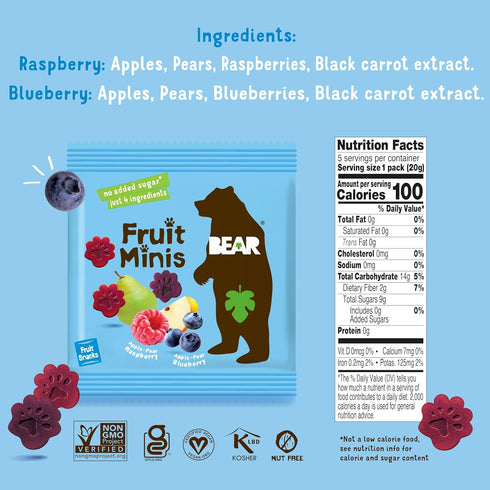0.7oz (1 Count) BEAR Fruit Snack Minis Bite-Sized Snacks For Kids - Gluten Free, Vegan, Non-GMO - Raspberry/Blueberry