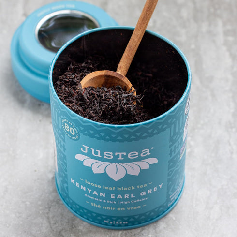 JusTea KENYAN EARL GREY Loose Leaf Black Tea, 3.2oz Tin with Hand Carved Tea Spoon, High Caffeine