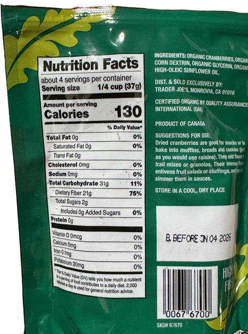 Generic (5.5 oz) Trader Joe's Organic Dried Cranberries, No Sugar Added, High In Fiber