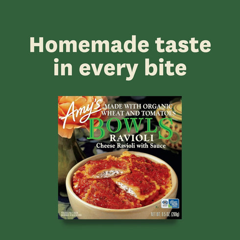 Frozen 9.5 oz. Amy's Meals, Pasta Bowl, Cheese Ravioli with Tomato Sauce