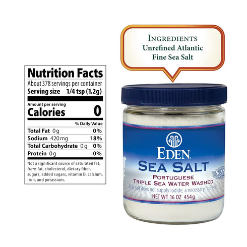 82 16 oz (1lb) Eden Sea Salt, Hand Harvested Portuguese, Triple Sea Water Washed, Fine Grind, Trace Minerals, Glass