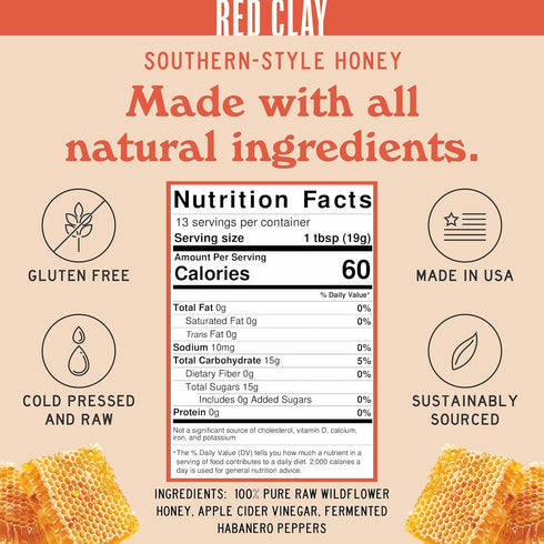 100% 9 oz Red Clay Hot Honey - Gluten Free - Paleo Spicy Honey - Pure, Raw Wildflower Honey - Infused Honey