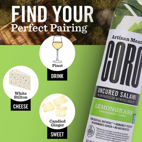 5oz Coro Uncured Lemongrass Artisan Salami Stick | Lemongrass & Warm Cumin | Perfect for Charcuterie Boards, Snacking