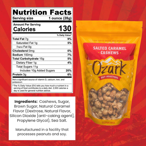 OZARK (14 oz) NUT ROASTERS, Salted Caramel Cashews, Flavored Snack Nuts, Gluten-Free Gourmet Candied Cashews, Blend