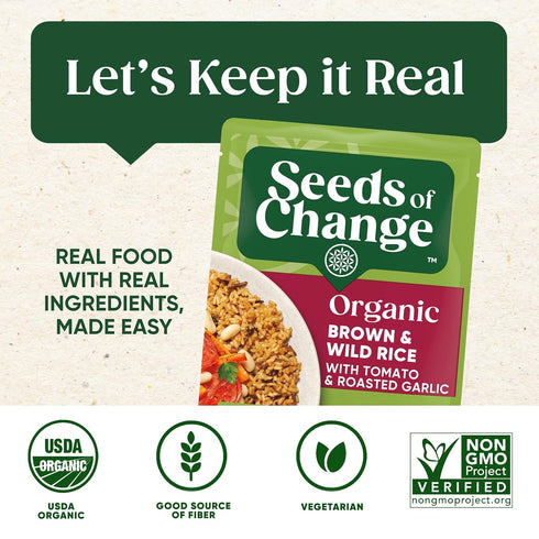 8.5 oz (Pack 12) SEEDS OF CHANGE Certified Organic Brown and Wild Rice with Tomato & Roasted Garlic, Organic Food