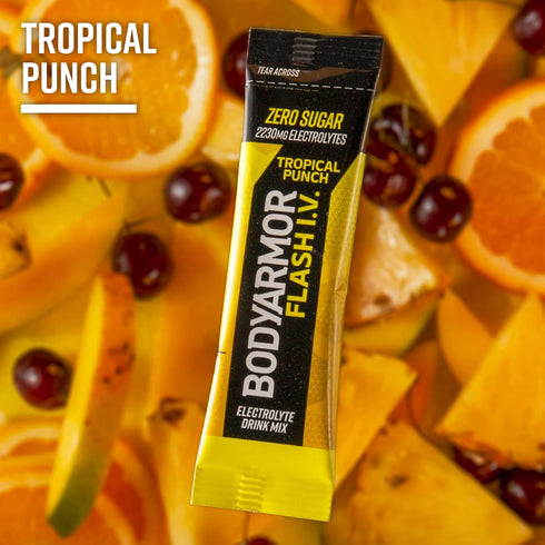 Packets, Packs, (15 Count) BODYARMOR Flash I.V. Electrolyte Tropical Punch, Zero Sugar Drink Mix, Single Serve Coconut