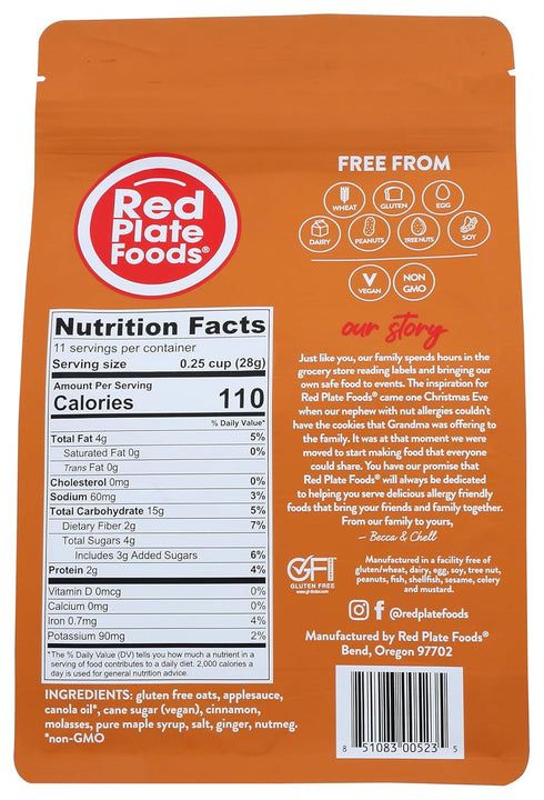 Red Plate Foods 6 12 oz Gourmet Granola, Nut Free, Gluten Free, Vegan/Dairy Free, bags each (Cinnamon)