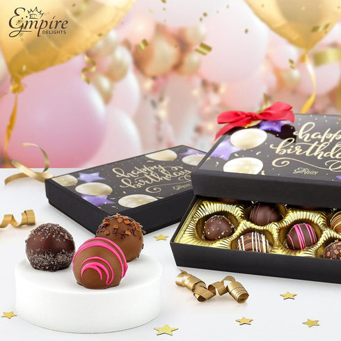 Empire Delights 12 6 oz Happy Birthday Chocolates - Assorted Milk & Dark Chocolate Truffles - Gourmet Box - Birthday