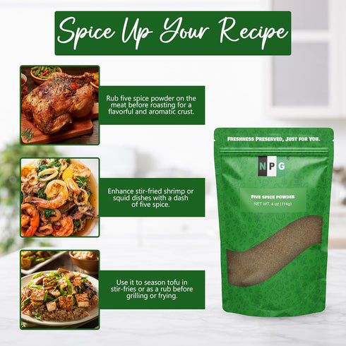 NPG Authentic Chinese Five Spice Powder, 4 Ounces Gluten Free All Natural Ground Mixed Spice Seasoning for Asian Cuisine