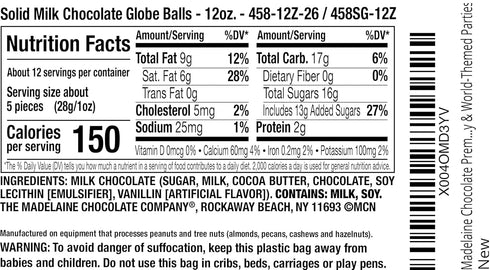 12 oz Madelaine Chocolate Premium Milk Chocolate World Globe Balls - Bag Individually Wrapped Candy Foil Map of the