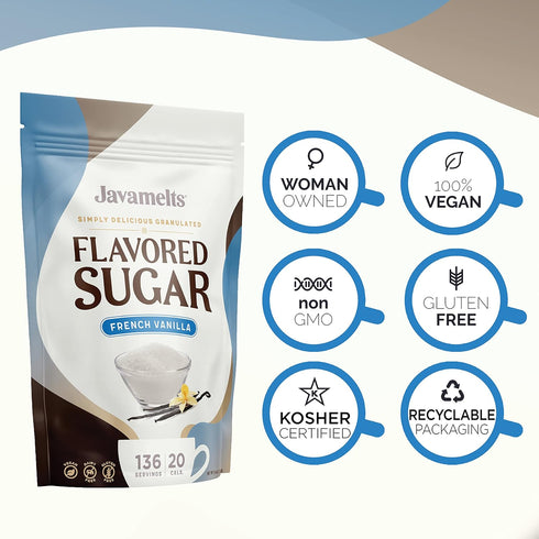 1.5 (136 Javamelts French Vanilla Flavored Sugar | Vanilla Sugar for Baking, Coffee Syrup Substitute, Cocktails, Tea |